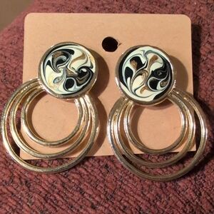Gold, Cream and Black Swirl Enamel Double Hoop Earrings
